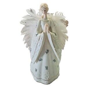 Christmas Praying Angel White Figurine w/ Feathered Wings Porcelain Angel 10"